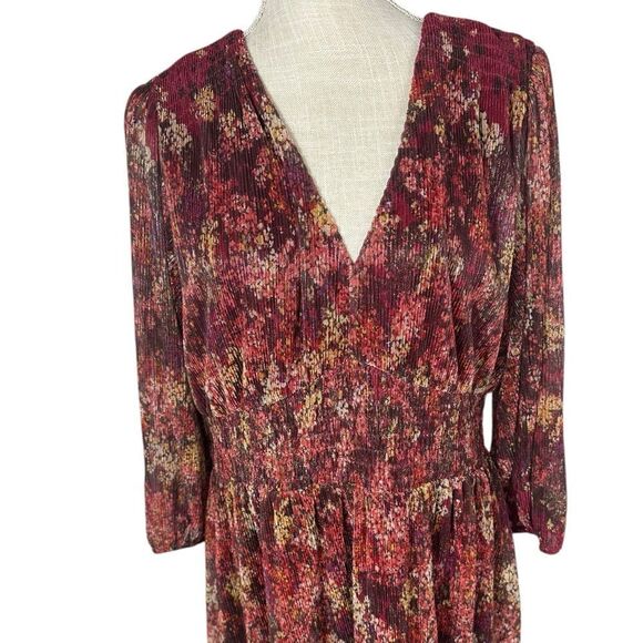 Maison Tara Curvy Size 14 Maroon Red Floral Metallic Pleat Fabric Dress - Picture 3 of 11